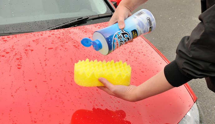 Put car shampoo onto a sponge.