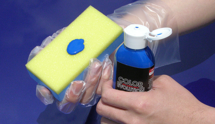 Shake bottle well and put the liquid onto a sponge.