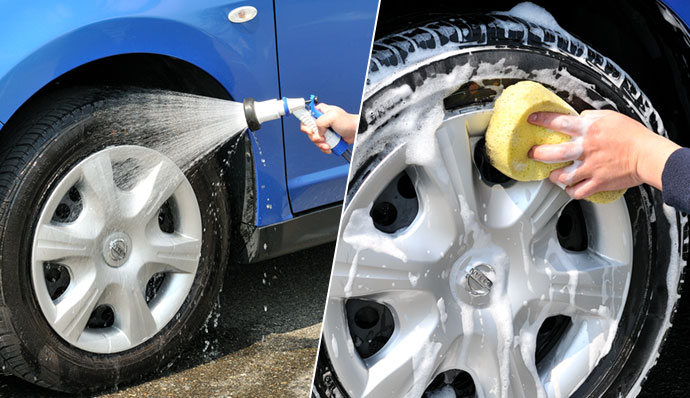 Rinse to remove major dirt and use car shampoo.