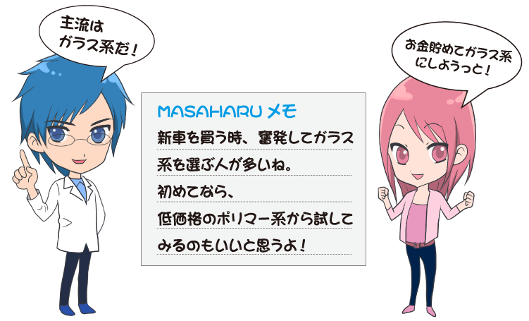 MASAHARU メモ 新車を買う時、奮発してガラス系を選ぶ人が多いね。初めてなら、低価格のポリマー系から試してみるのもいいと思うよ！