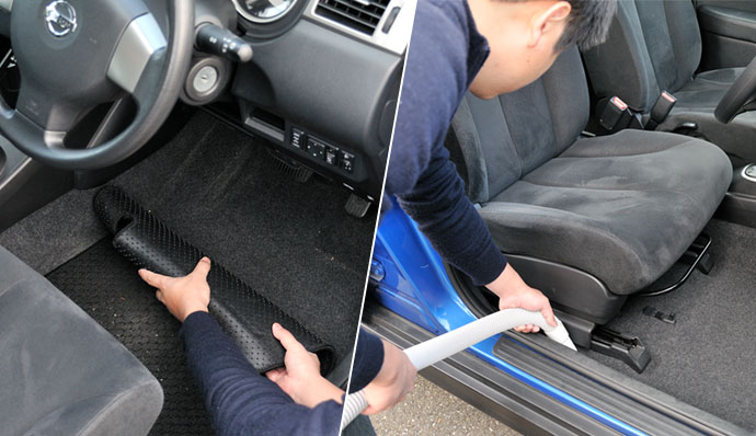 拆下并取出腳墊，車內用吸塵器進行全面清潔。